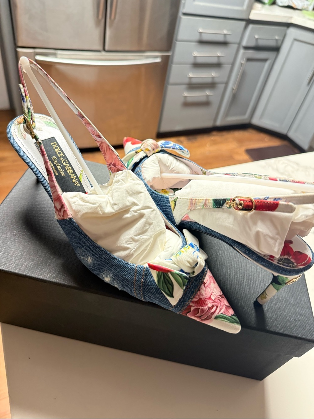 Dolce & Gabbana Floral Denim Pointed Slingback Heels - Blue, Pink, Green
